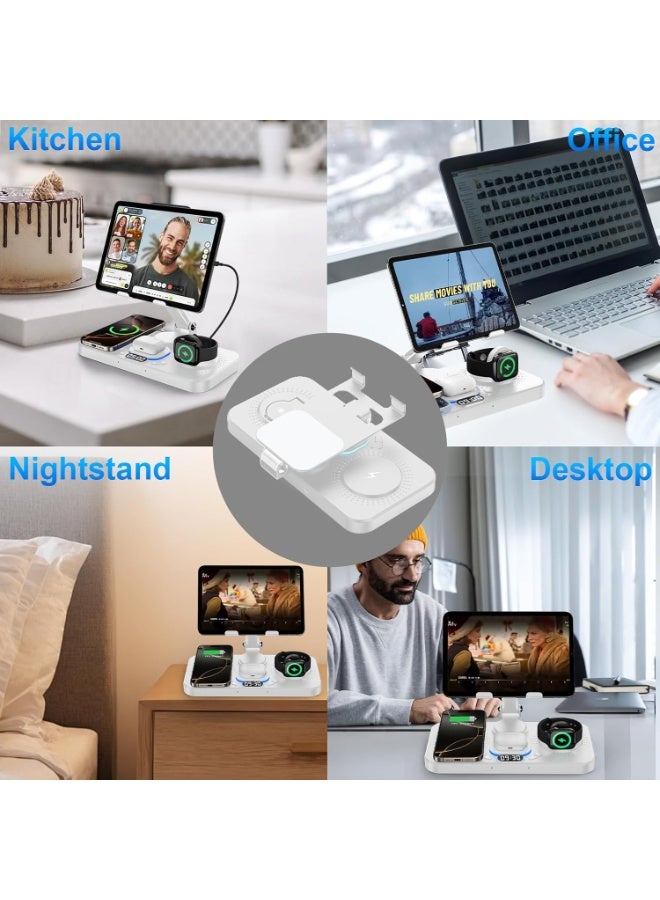 LBMT شاحن لاسلكي قابل للطي لمنتجات أبل، محطة شحن مع 7 ألوان للضوء وعرض الساعة، شحن سلكي لجهاز آيباد/محطة شحن للأجهزة اللوحية لجهاز آيفون 16/15/14، ساعة آي ووتش، آيربودز 4/3 (أبيض) - Image 5